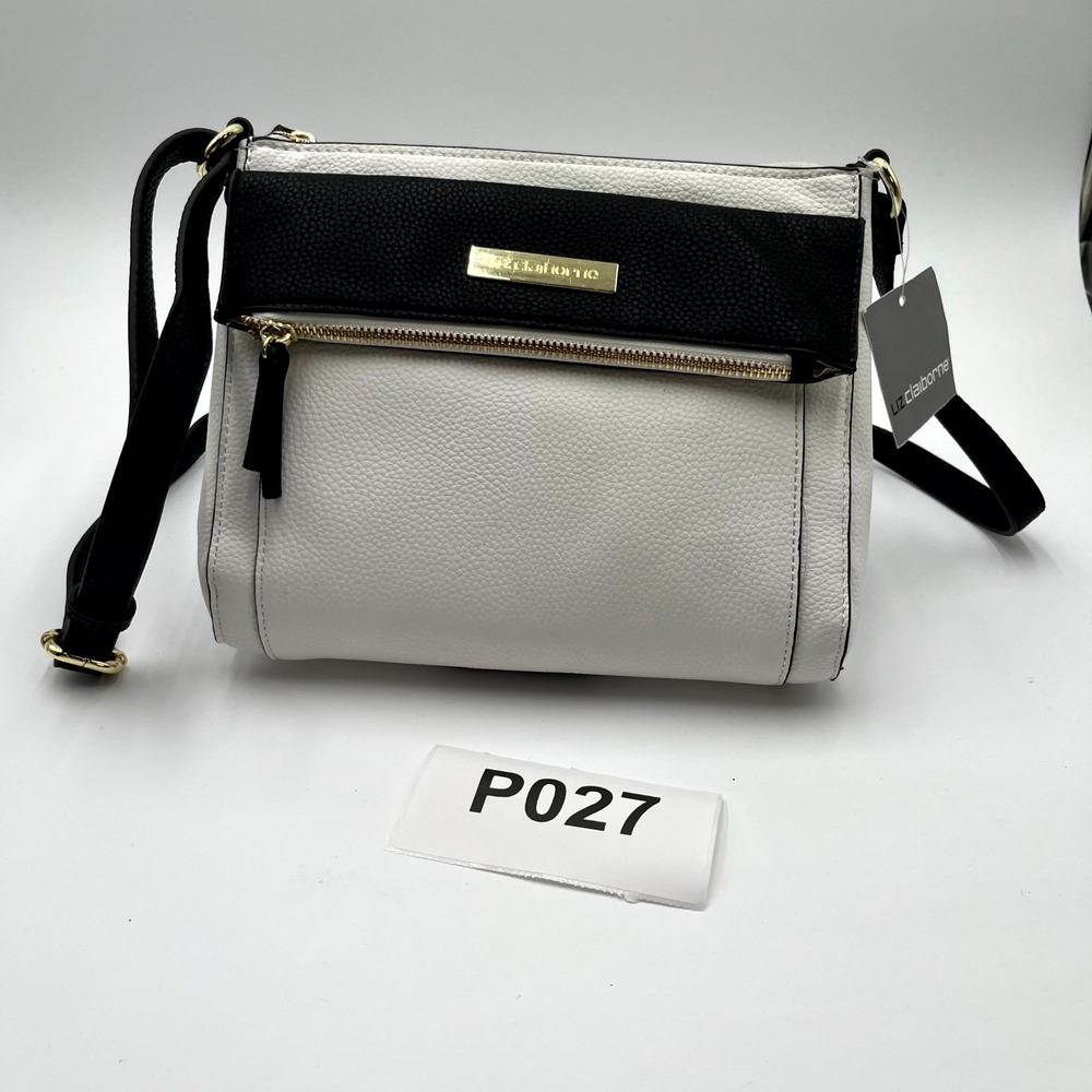 Liz Claiborne Crossbody Bag Womens White Black Faux Leather Adjustable Strap